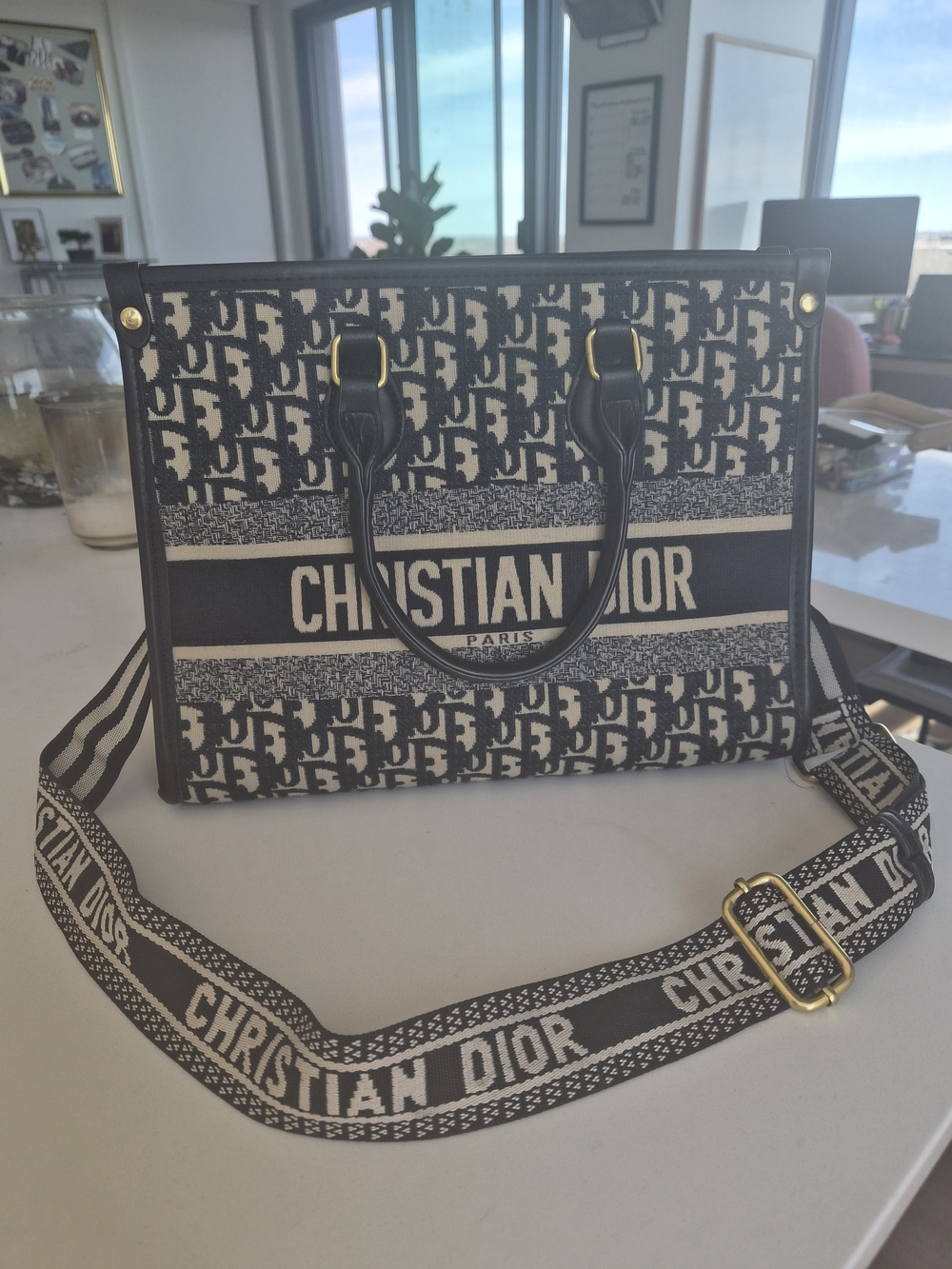 Dior Black and Cream Dior Oblique Book Tote with Logo Strap